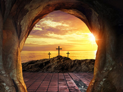 Easter-bible-verses-three crosses viewed from an empty tomb.