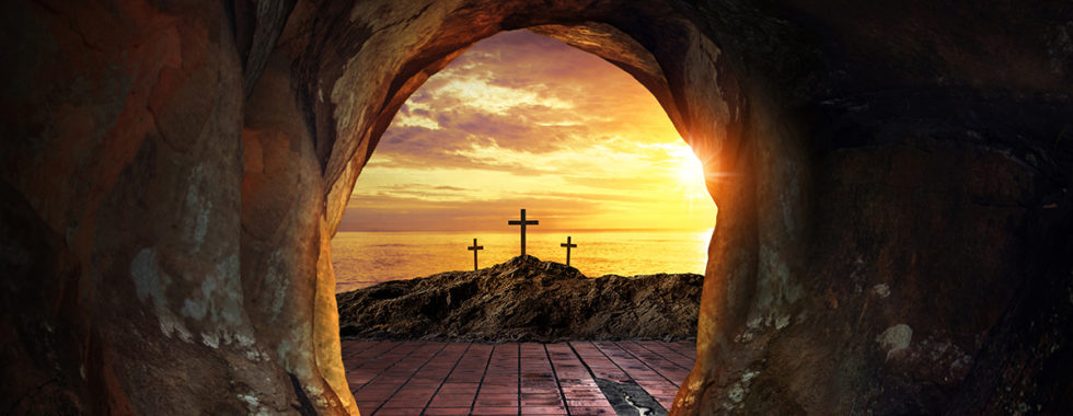 Easter-bible-verses-three crosses viewed from an empty tomb.
