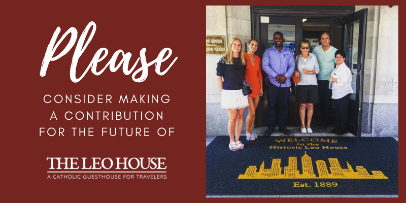 Please consider making a contribution for the future of The Leo House. (image of the front door of The Leo House welcoming guests).